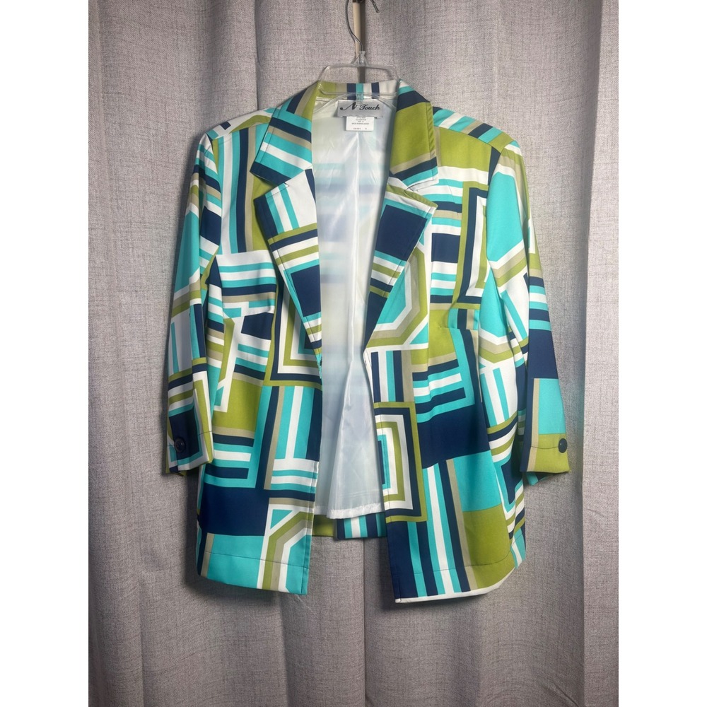 N Touch Womens Geometric Mod Print Blazer Teal Navy Lime Green Size 12 882H